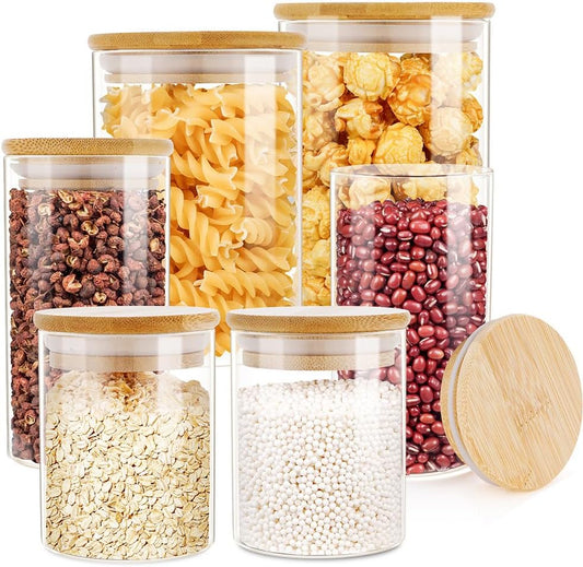 Glass Jars with Bamboo Wooden Airtight Lids 6oz 10oz 18 oz Spice Jars Food Storage Containers for Home Kitchen, Tea, Salt, Pepper, Spices, Coffee, Herbs, Grains