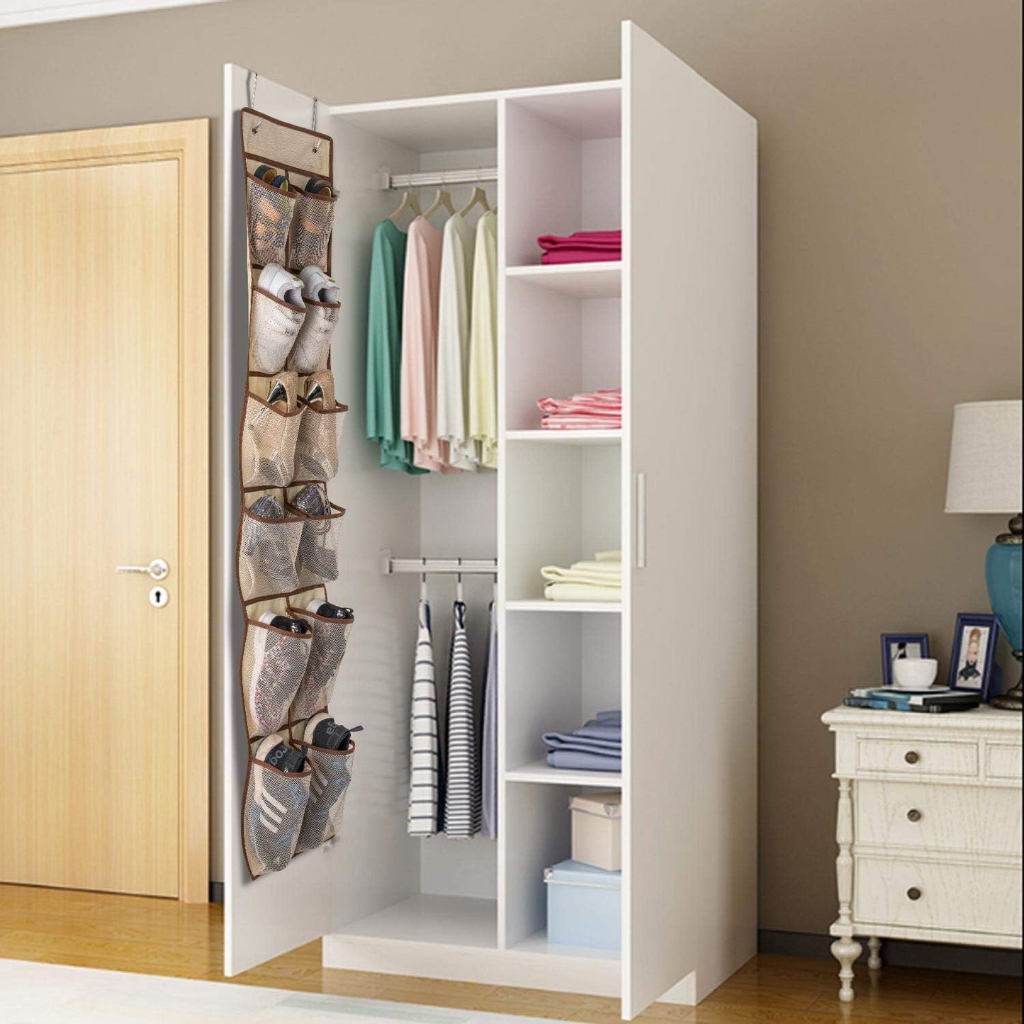 KEEPJOY Over The Door Shoe Organizer,Hanging Shoe Organizer 12 Mesh Pockets Shoe Organizer for Closet,Works Well for Men and Woman Kids Shoes Storage, 57.5×12.6inch(Beige)