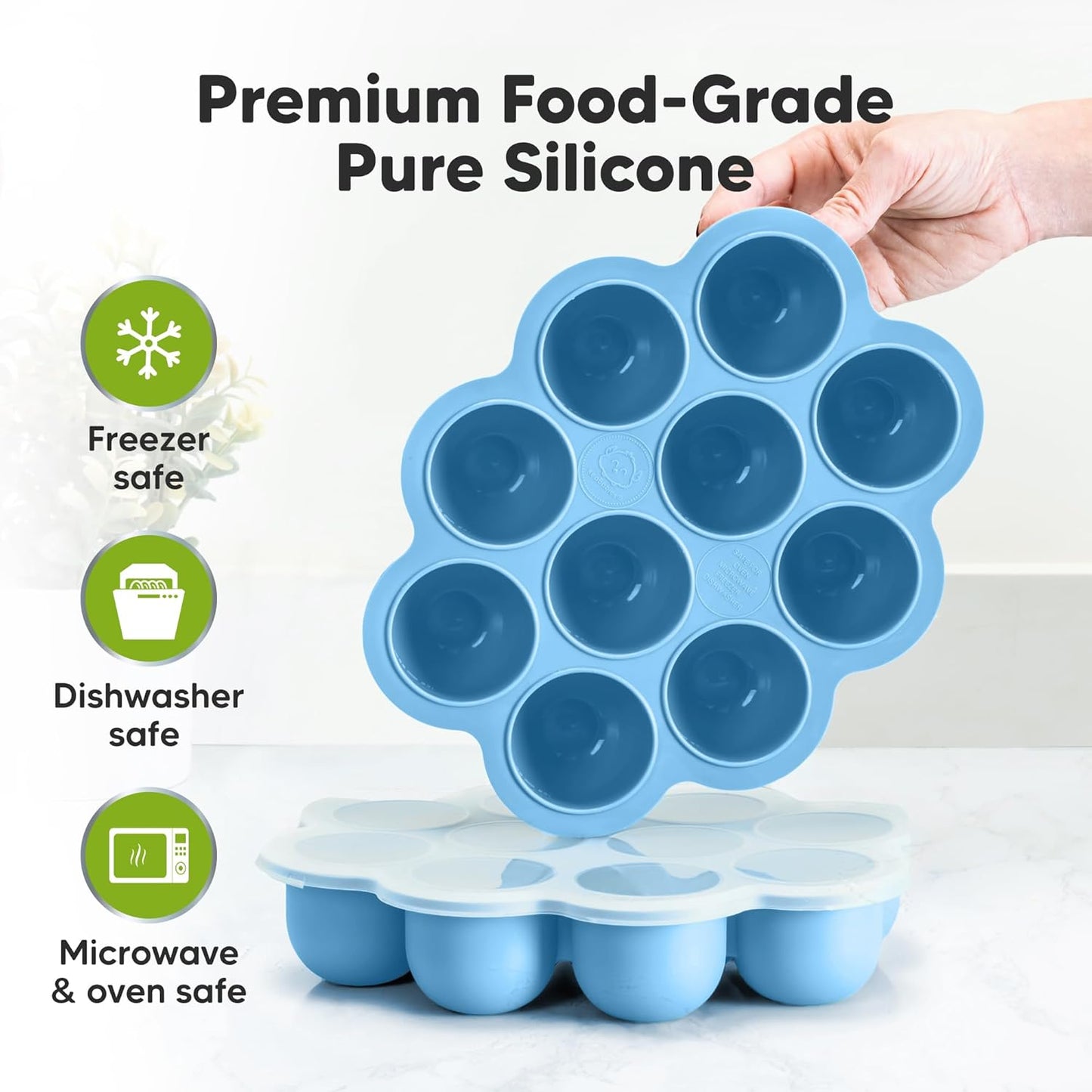 KeaBabies Silicone Food Freezer Trays with Lid, 2oz x 10 Pods Baby Food Storage Containers, Easy Puree Meal Prep, Breast Milk Silicone Freezer Molds, Dishwasher, Microwave Safe, BPA-Free (Misty Blue)