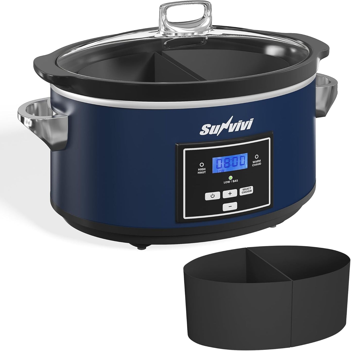Sunvivi 6 Quart Programmable Slow Cooker with 2 in 1 Silicone Liners, Multi-Cooker Food Warmer with Digital Timer, Adjustable Tempature Control, Dishwasher Safe Parts, Blue