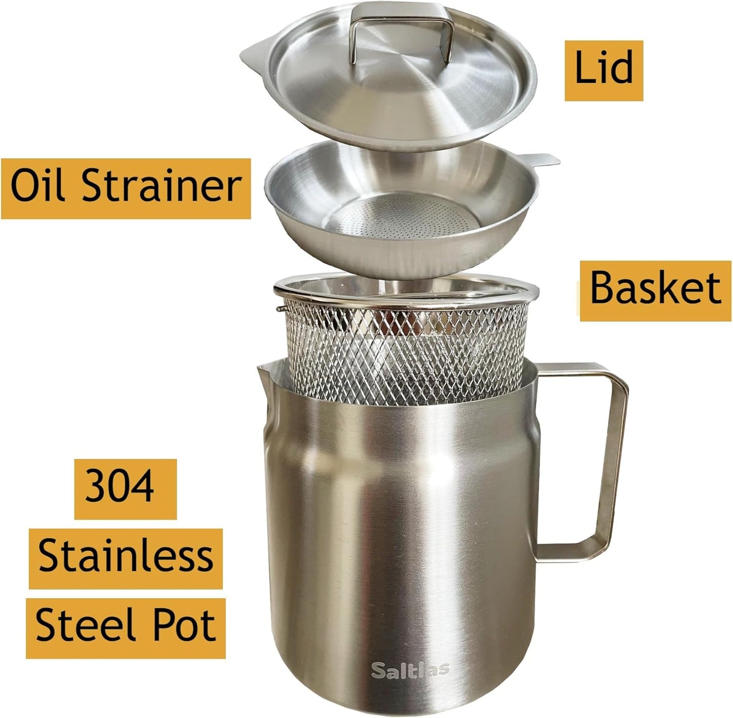 Deep Fryer Pot with Basket and Oil Strainer, 304 Stainless Steel Deep Frying Pot for French Fries, Chicken, or Japanese Tempura, 2L (2Qt)