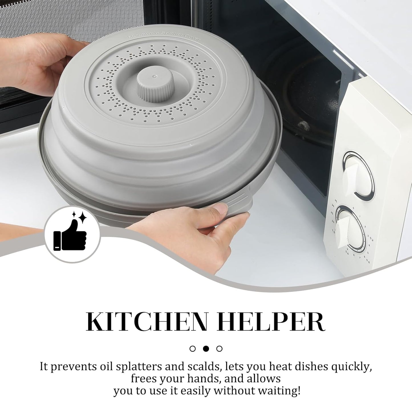 10.7 Inch Microwave Food Cover with Heat Insulation Mat, Anti-Scald Collapsible Microwave Splatter Cover, Multi-Functional as Colander & Fruit Plate, Dishwasher Safe, Ideal for Meal Prep (Gray)