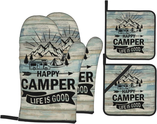 Happy Camper Oven Mitts and Pot Holders Sets of 4,Resistant Hot Pads with Polyester Non-Slip BBQ Gloves for Kitchen,Cooking,Baking,Grilling