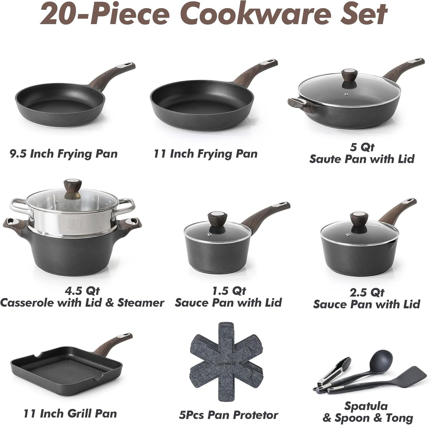 SENSARTE Pots and Pans Set Nonstick, 20 Pcs Induction Cookware Sets, Non-toxic Healthy Non Stick Kitchen Cooking Set with Stay-Cool Handles, PFOA PFOS Free, Black