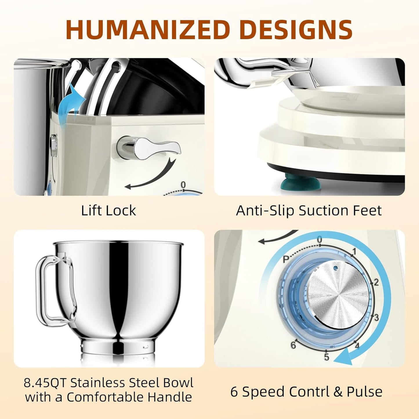 8.45 QT Stand Mixer - 660W 6 Speed Large Capacity Kitchen Electric Mixer with Whisk Dough Hook Mixing Beater Household Food Mixer for Baking Cakes Cookie Bread Salad (White)