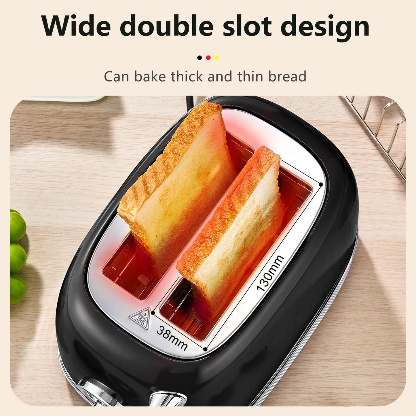 Glossy Black Cute Retro Toaster 2 Slice with 1.58" Wide Slots, Bread toaster with Cover and Warm Rack, Stainless Steel Toaster with Removable Crumb Tray, Preheat, Defrost, Cancel Function