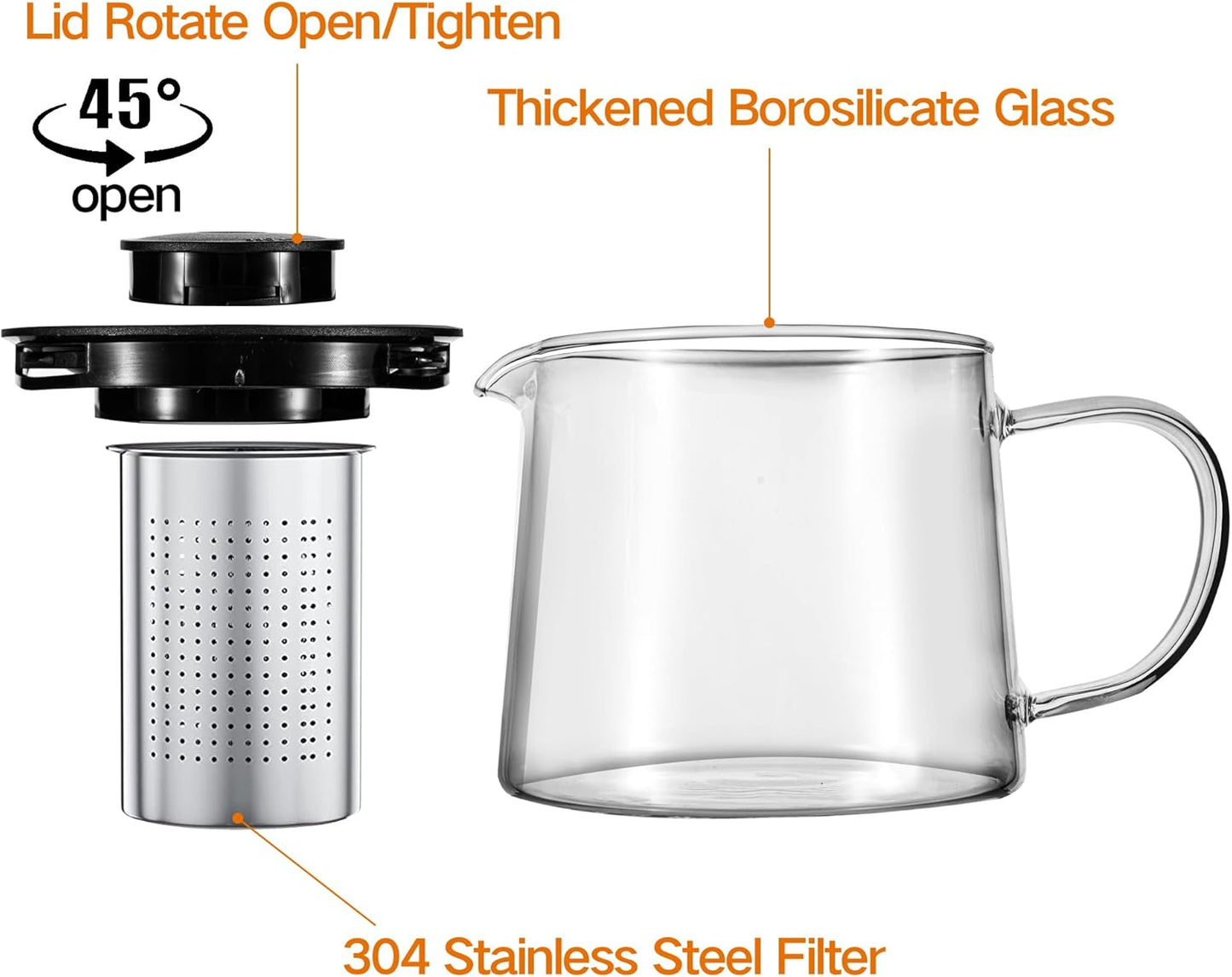 Glass Teapot 51oz/1500ml with 6 Pack Tea Cups Gift Set, Removable Stainless Steel Infuser Tea pot, Heatproof Borosilicate Glass Tea Make, Stovetop Safe Glass Tea Kettle for Loose and Blooming Leaf Tea
