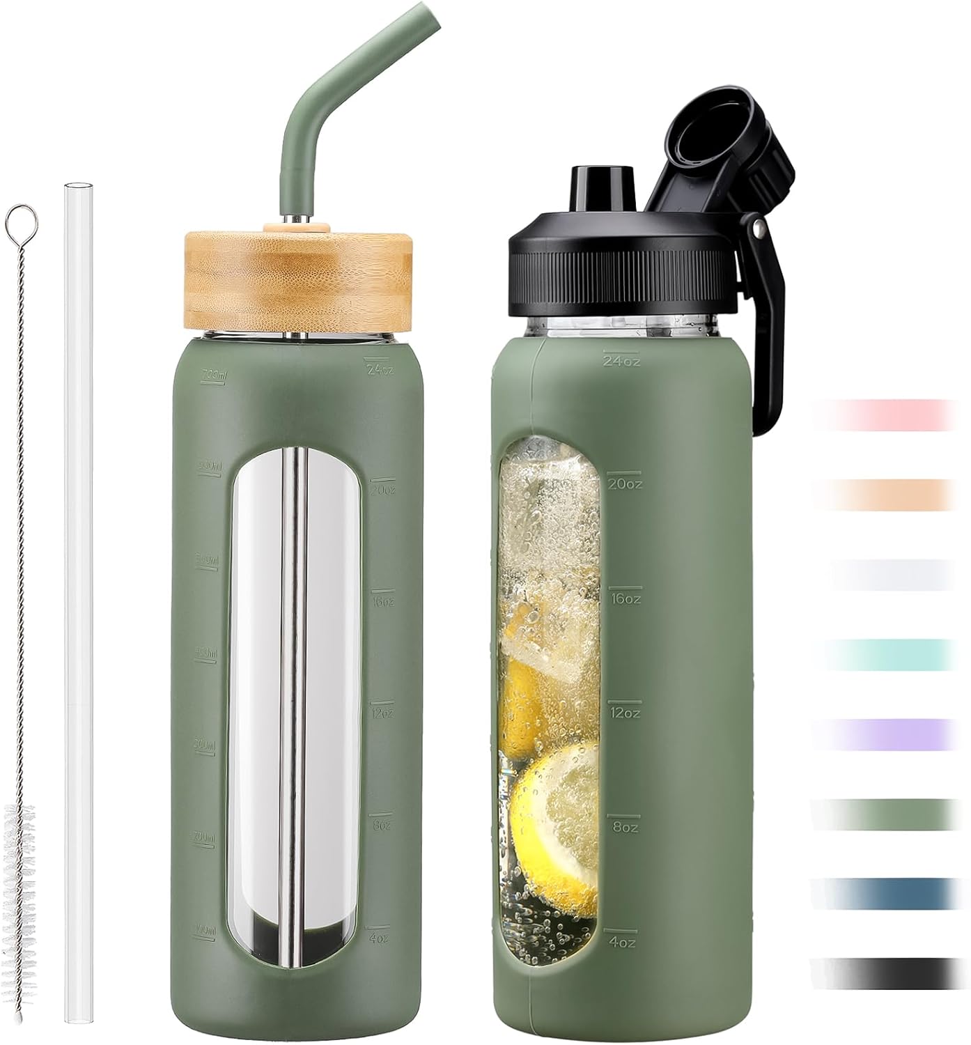 Glass Water Bottle with Straw, 24oz Glass Drinking Bottle with 2 Lids-Bamboo and Spout Lid with Phone Holder Handle for Gym Sports,with Silicone Sleeve and Time Marker,Olive