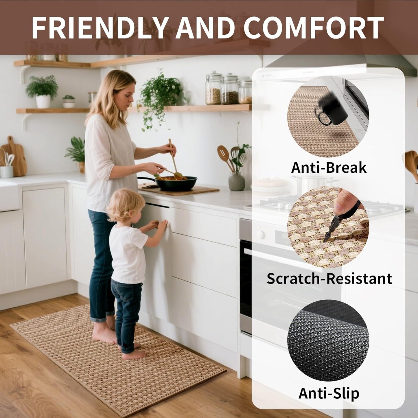 Kitchen Mats for Floor, Super Absorbent Kitchen Rugs Non Slip Washable, Rubber Backing Soft Chenille Braided Kitchen Floor Mat Standing Mat Sink Mat, Easy to Clean, Brown 17"x28"