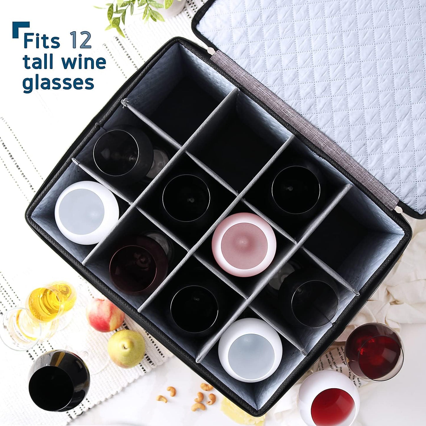 Hearth & Harbor Wine Glass Storage Box with Dividers, Quilted and Stackable Stemware Storage Cases, Service of 12 Glass China Container Hard Shell for Moving and Organization, Grey