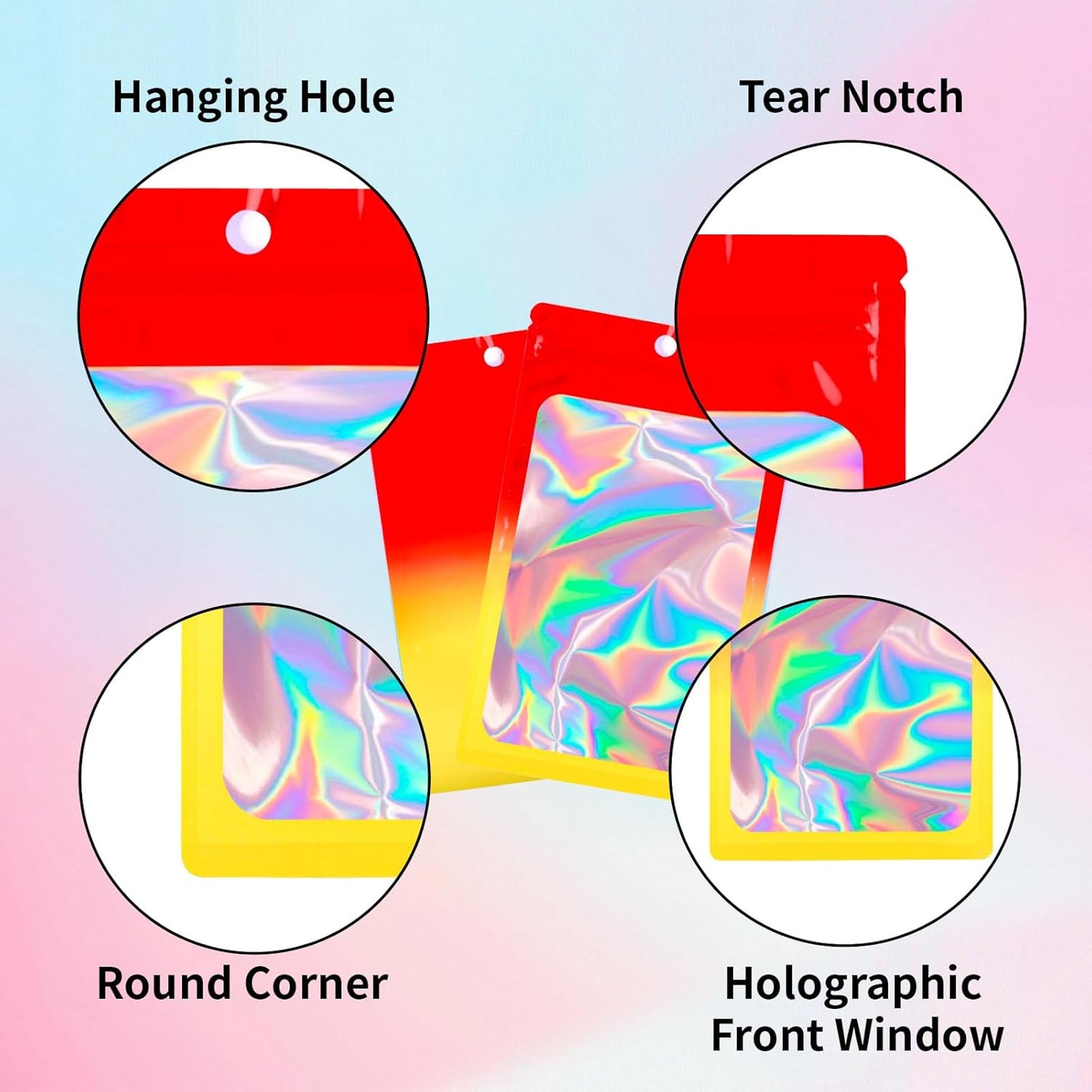 200 Pack Resealable Mylar Holographic Bags Food Storage Smell Proof Bags with Front Window Foil Packaging Pouch for Candy Sample Jewelry Small Business 3.15×5.51 Inch, Red Fade Yellow
