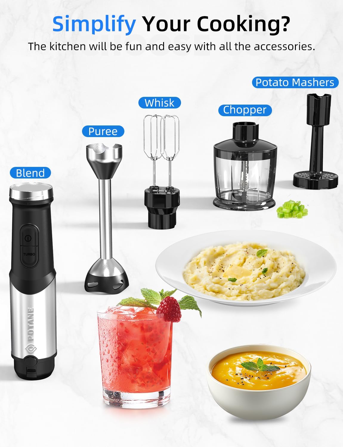 Immersion Blender, Hand Blender Heavy Duty Copper Motor, Stainless Steel Smart Stick with Egg Beaters, Chopper/Food Processor