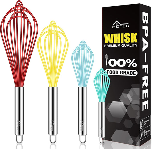 HOTEC 4 Pieces Silicone Whisks Set, Wire Balloon Whisks for cooking Egg Beater, Non-slip Handle Whisk for Non-stick Cookware Perfect for Cooking, Stirring, Beating and Blending (Multicolor)