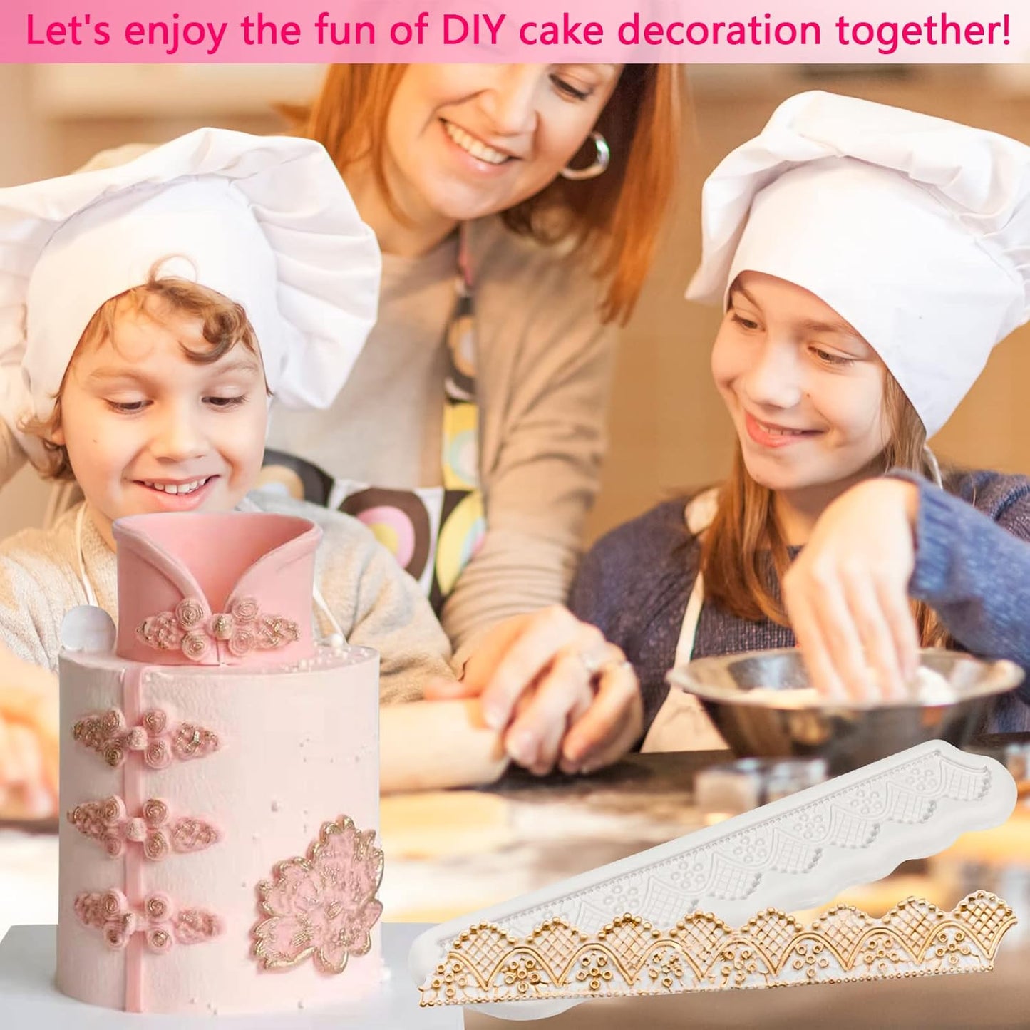 Lace Fondant Molds 4 Pcs, Peonies Embroidery Chocolate Cake Border Decorating Molds, Candy Sugar Craft Baking Tools, Cupcake Toppers Flower Paste Cookies Marzipan Mousse Butter Clay Epoxy