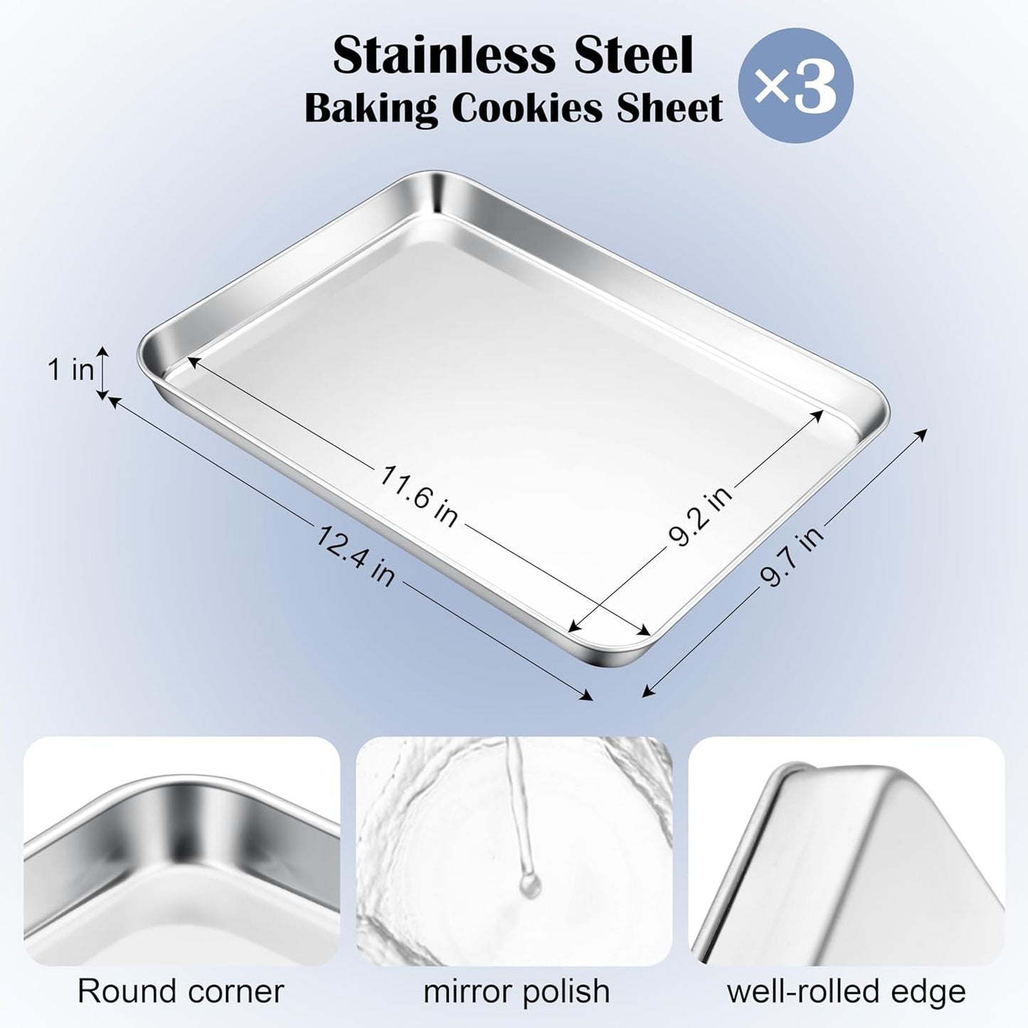 E-far Stainless Steel Baking Sheets Set of 3, 12.4” x9.7” Baking Cookie Sheets Pans for Oven, Non-toxic Metal Trays for Cake Cookies, Healthy & Rust Free, Mirror Finish & Dishwasher Safe