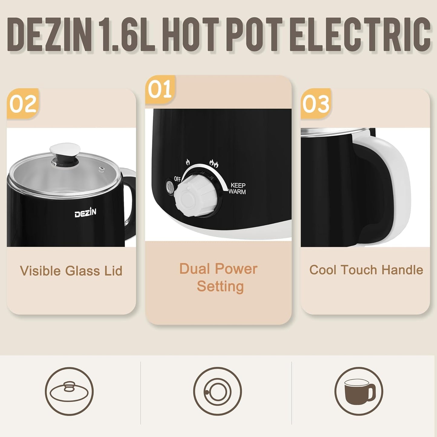 Dezin Hot Pot Electric, Rapid Noodles Cooker, Stainless Steel Electric Pot 1.6 Liter, Perfect for Ramen, Egg, Pasta, Dumpling, Soup, Porridge, Oatmeal with Temperature Control and Keep Warm Function