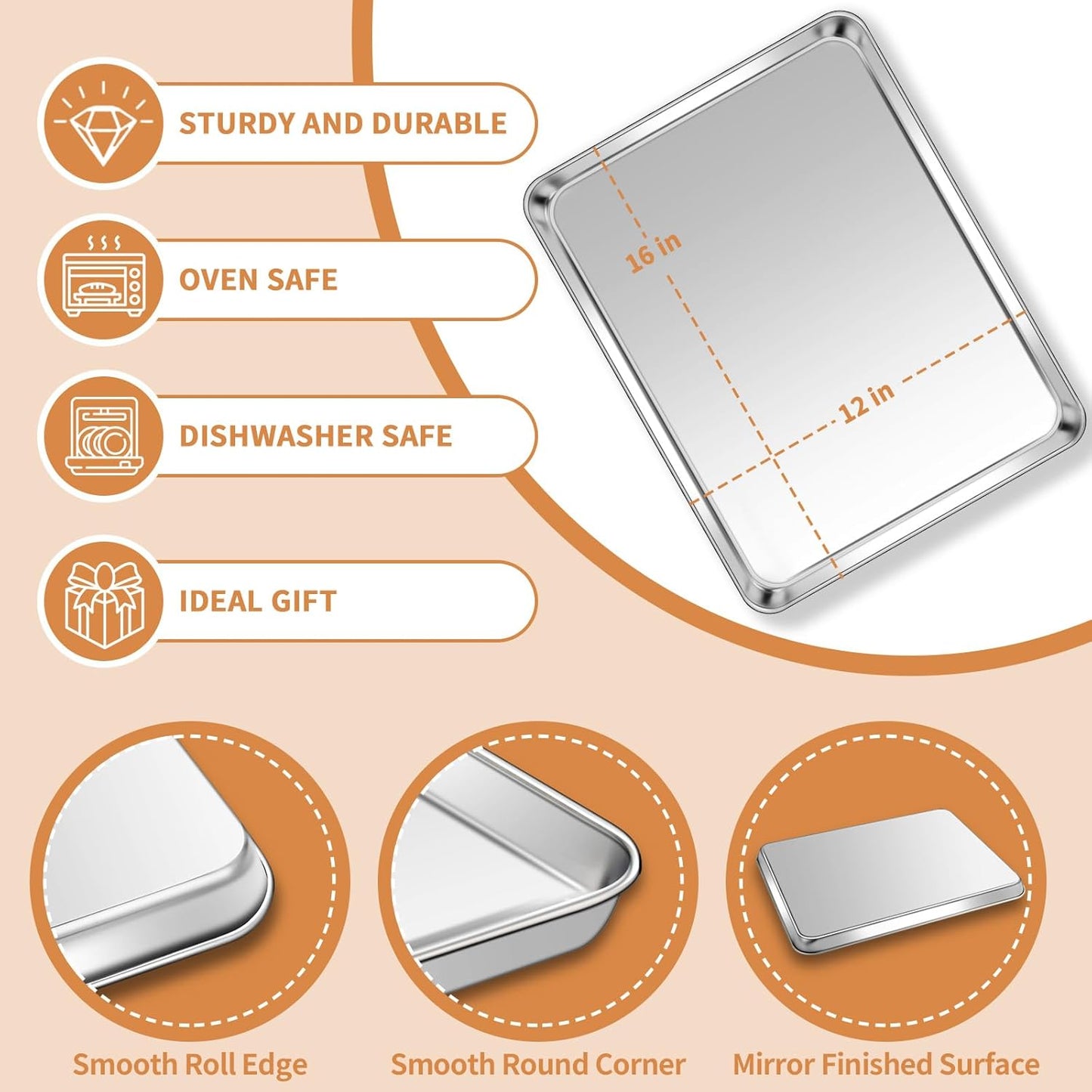 Stainless Steel Baking Sheet Set of 2, Deedro Cookie Sheet Metal Baking Pan Oven Tray, Non Toxic & Heavy Duty, Rust Free & Mirror Finish, Easy Clean & Dishwasher Safe, 16 x 12 x 1 Inch