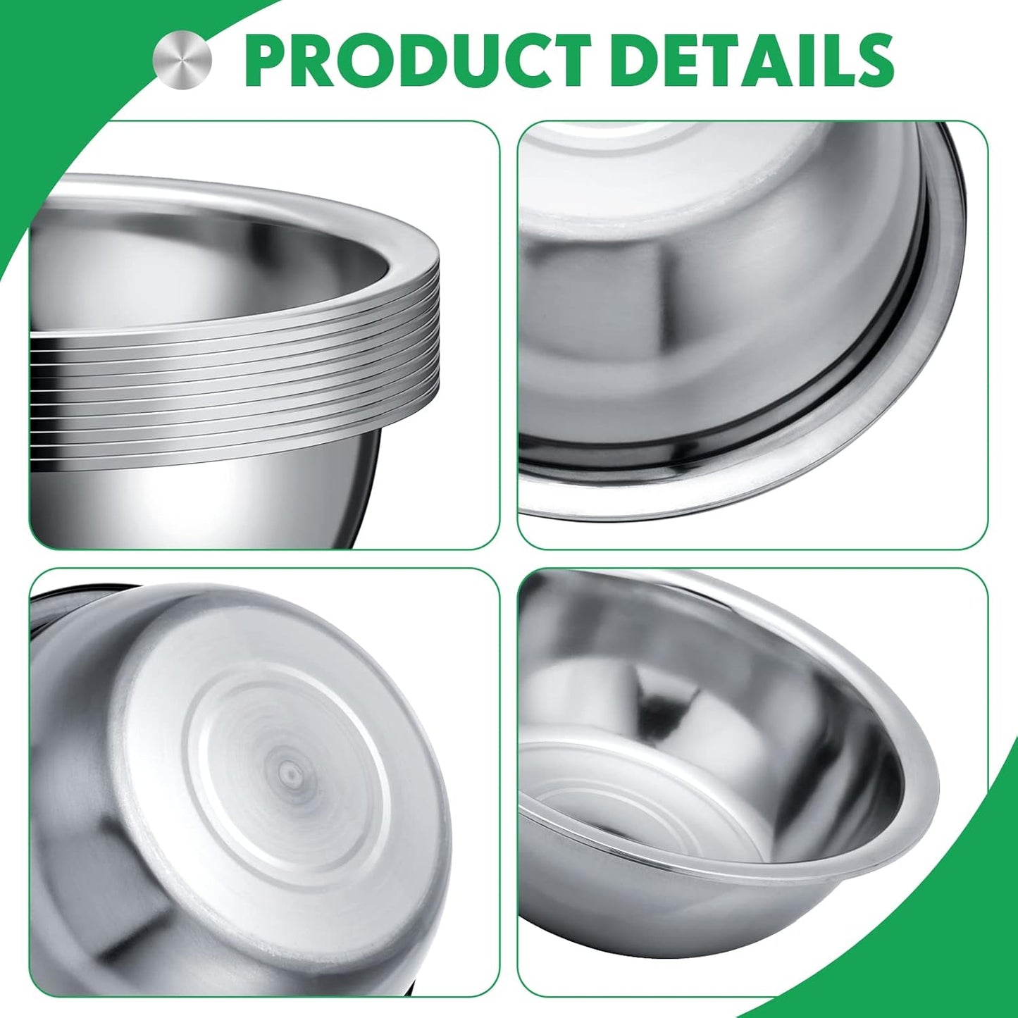 Pinkunn Set of 12 Stainless Steel Mixing Bowls, Nesting Metal Prep Salad Bowl Bulk Kitchen Large Reusable Baking Food Container for Hotel Restaurant Home Cooking, Silver(11.8 x 3.74 Inch)