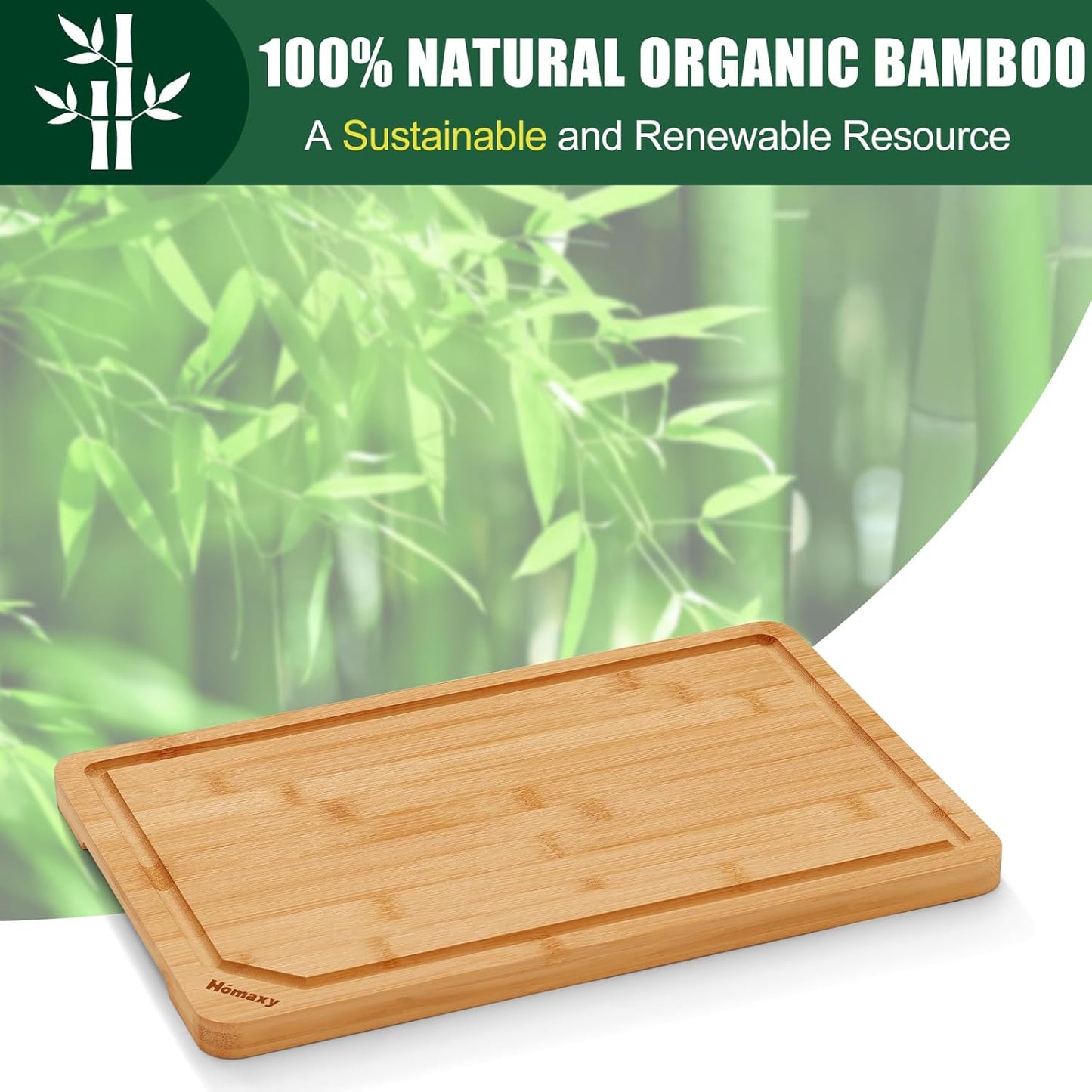 Homaxy Organic Bamboo Cutting Boards for Kitchen, 15"x10" Wooden Medium Cutting Board with Juice Groove and Handles, Charcuterie Butcher Block Wood Serving & Chopping Board - Pre Oiled
