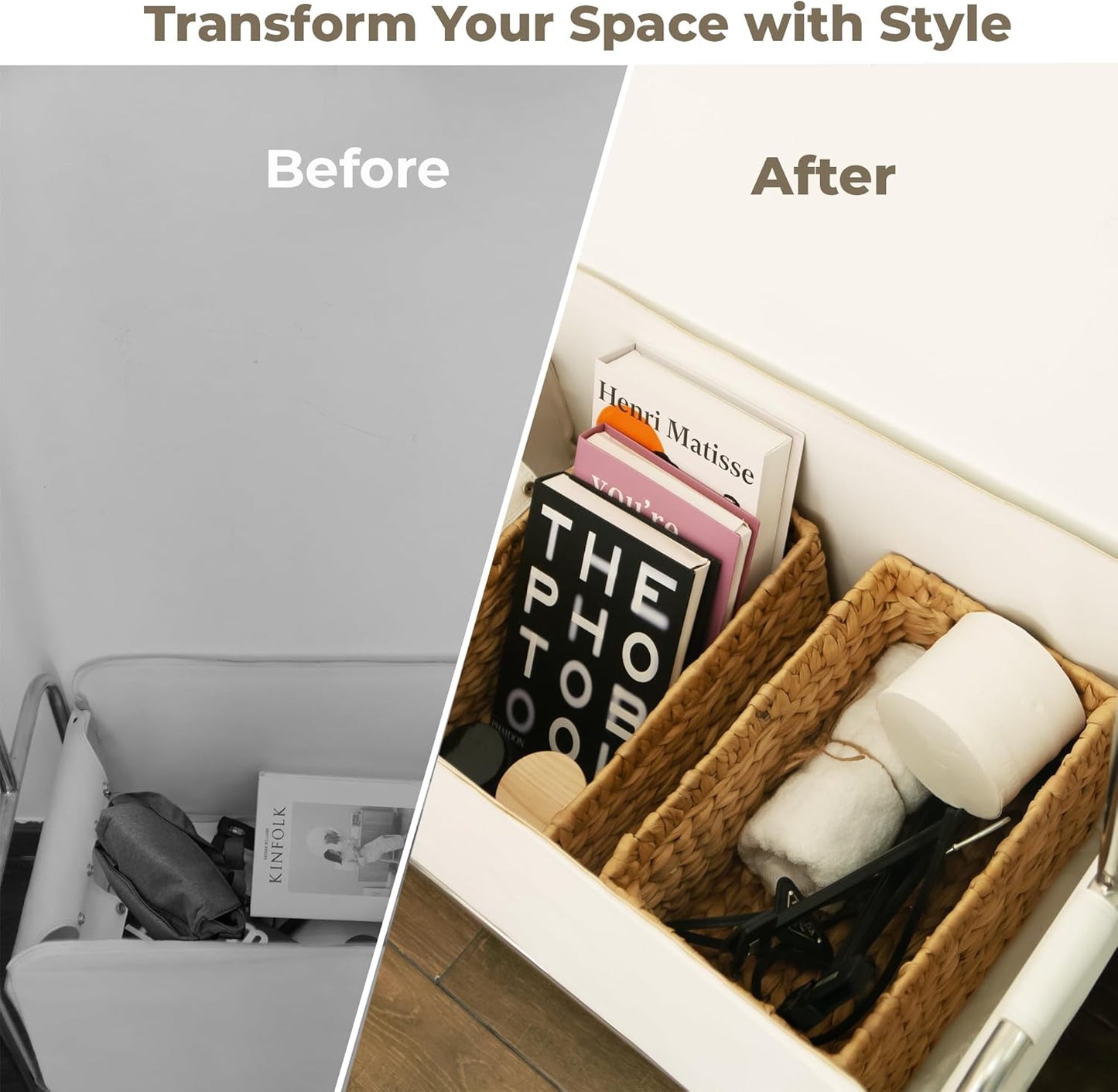 KOKODO Pack of 2 Medium Rectangular Water Hyacinth Wicker Storage Baskets with Handles and Metal Frame, Stylish and Durable Handwoven Bin for Space-saving Room Organizing or Decorative Wicker Basket