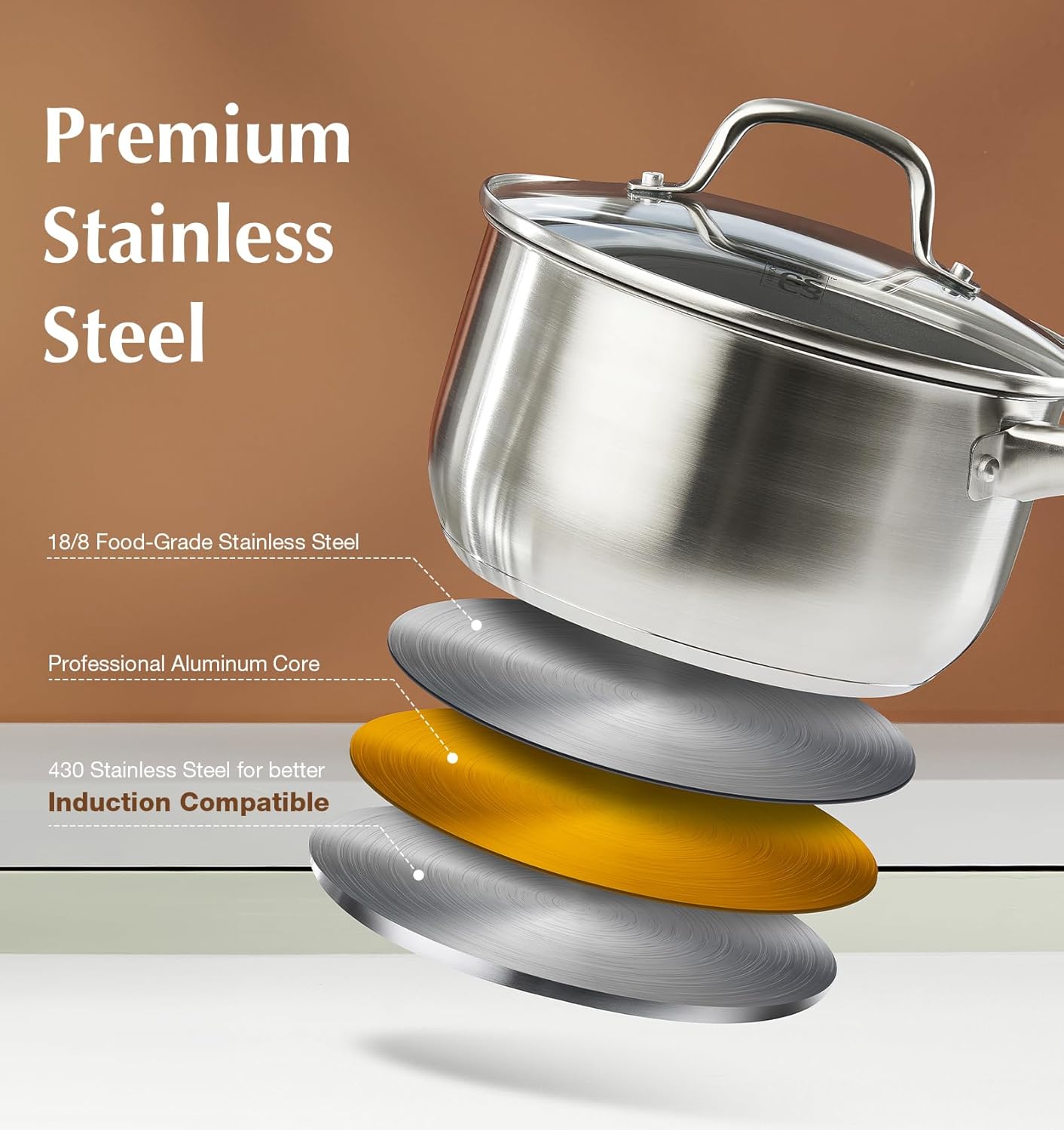 KOCH SYSTEME CS Stainless Steel Saucepan Set, 1 Quart & 2 Quart Sauce Pan Sets with Nonstick Coating, Stainless Steel Pot Set, Induction Steel Pots, Easy to Clean, Oven Safe