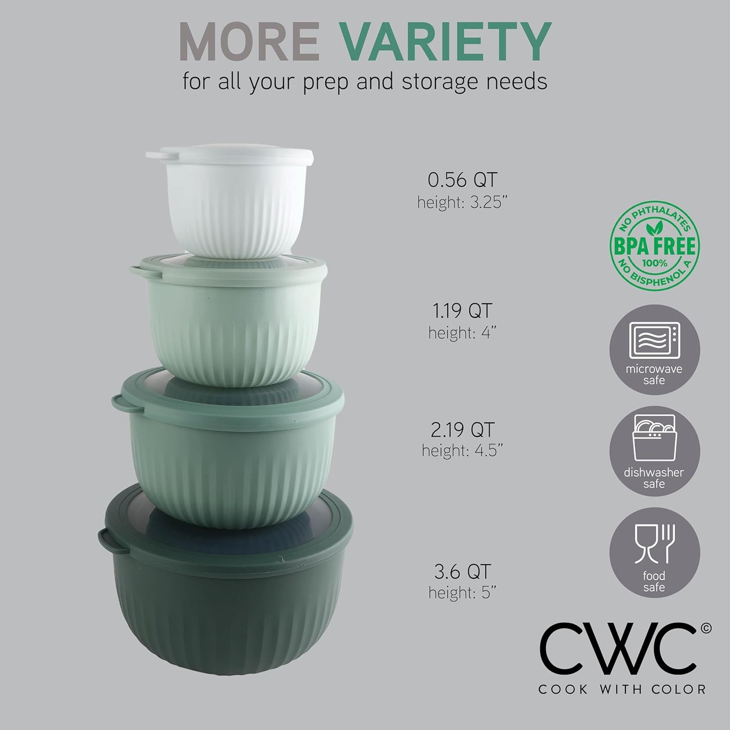 COOK WITH COLOR Prep Bowls with Lids- Wide and Deep Nesting Plastic Small Mixing Bowl Set with Lids, 8 Piece Set - Deep Bowls, Sage