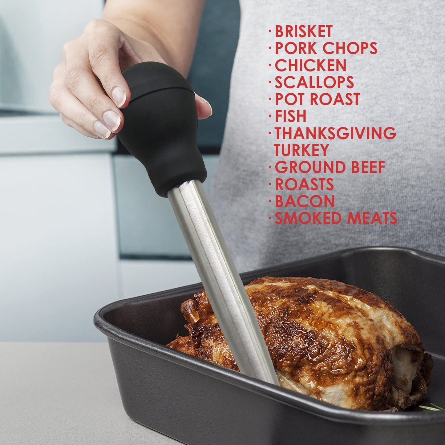 KAYCROWN Turkey Baster and Roast Lifters with Non-Slip Handle, Rubber Baster with 2 Marinade Needles & Stainless Steel Poultry Forks Set