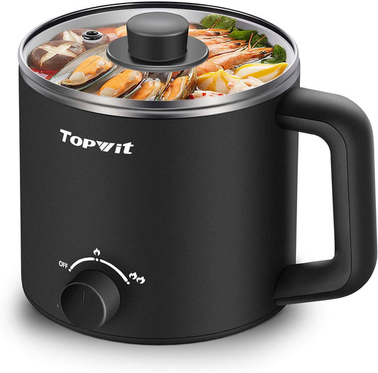 Topwit Hot Pot Electric, Electric Pot, 1.6L Ramen Cooker, Multifunctional Cooker for Pasta, Shabu-Shabu, Oatmeal, Soup and Egg with Over-Heating Protection, Boil Dry Protection, Black