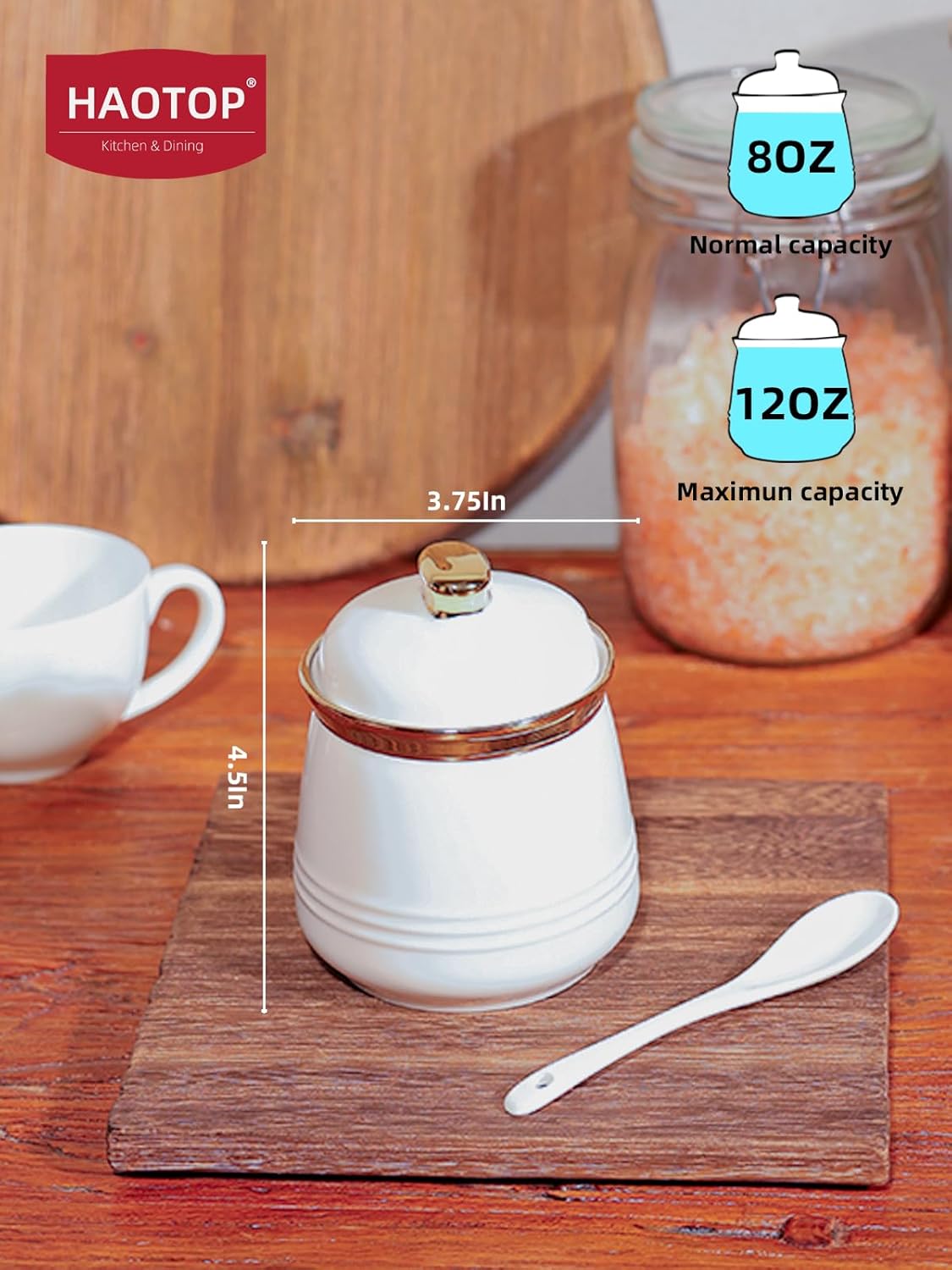 HAOTOP 12oz Sugar Bowl with Lid and Spoon,Simple Ceramic Sugar Jar Sugar Container Sugar Dispenser Coffee Bar Accessories, Modern Kitchen Countertop Canisters, White