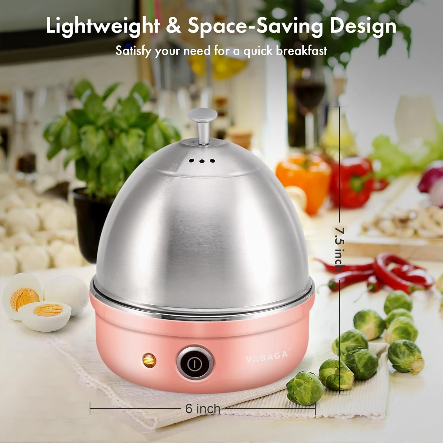 VOBAGA Electric Egg Cooker, Rapid Egg Boiler with Auto Shut Off for Soft, Medium, Hard Boiled, Poached, Steamed Eggs, Vegetables and Dumplings, Stainless Steel Tray with 7-Egg Capacity, Pink
