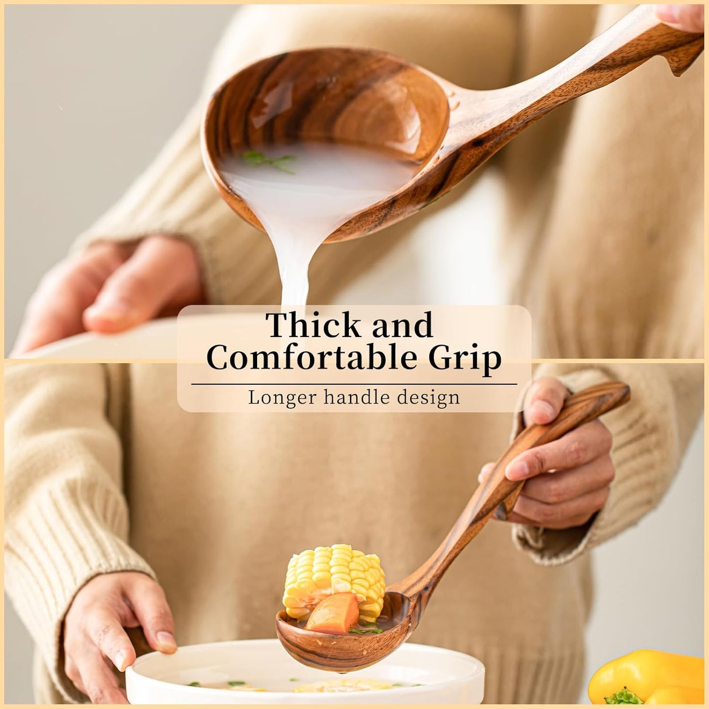 Gudamaye 3 Size Wooden Soup Ladles Set,3 Hooks for Bowl,Pot. Natural Teak Wooden Ladle,10.6 inch Big Soup Ladle, 9 inch Serving Spoon & 8 inch Wood Ladles for Cooking,Teak Deep Ladle Spoons