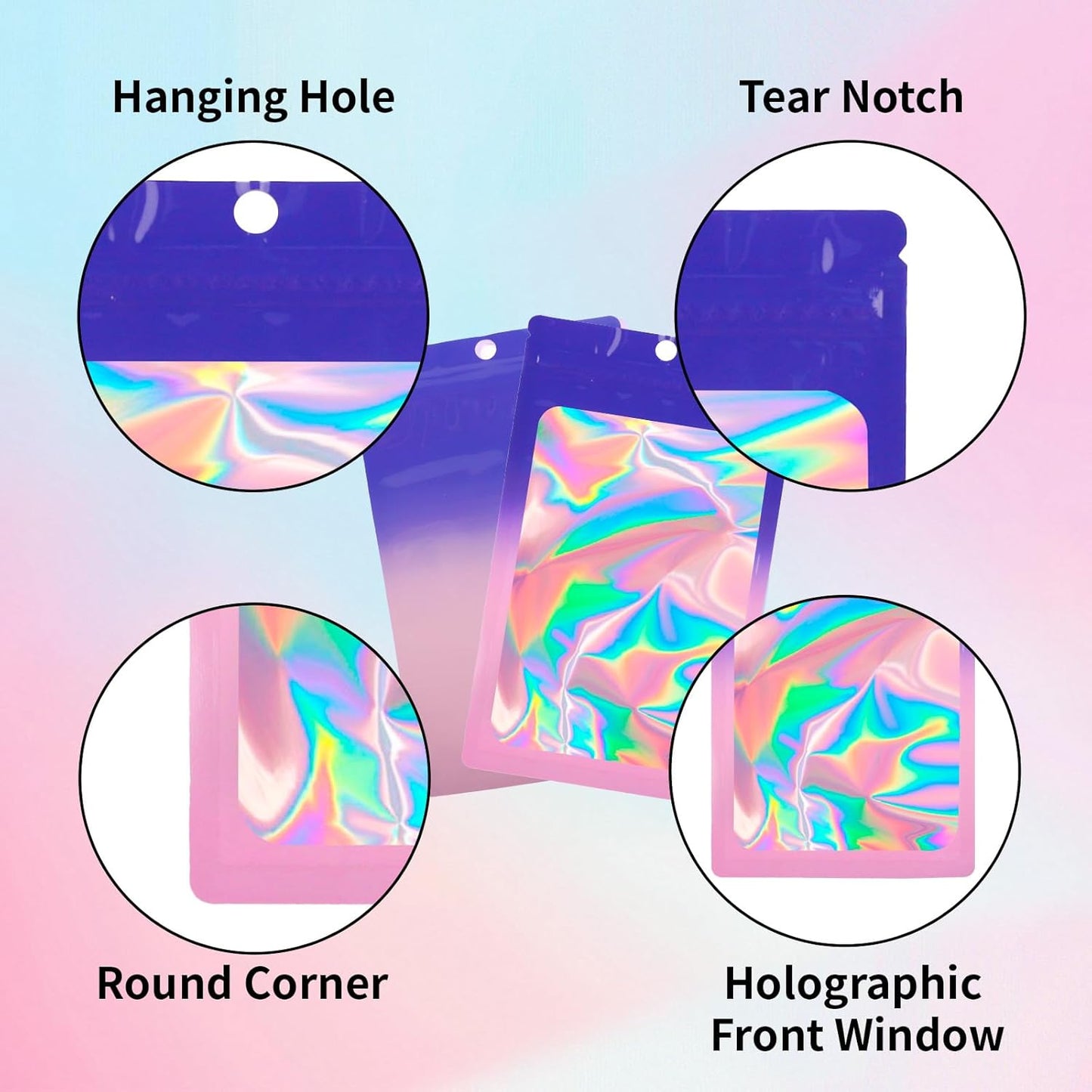 200 Pack Resealable Mylar Holographic Bags Food Storage Smell Proof Bags with Front Window Foil Packaging Pouch for Candy Sample Jewelry Small Business 2.95×4.72 Inch, Blue Fade Purple