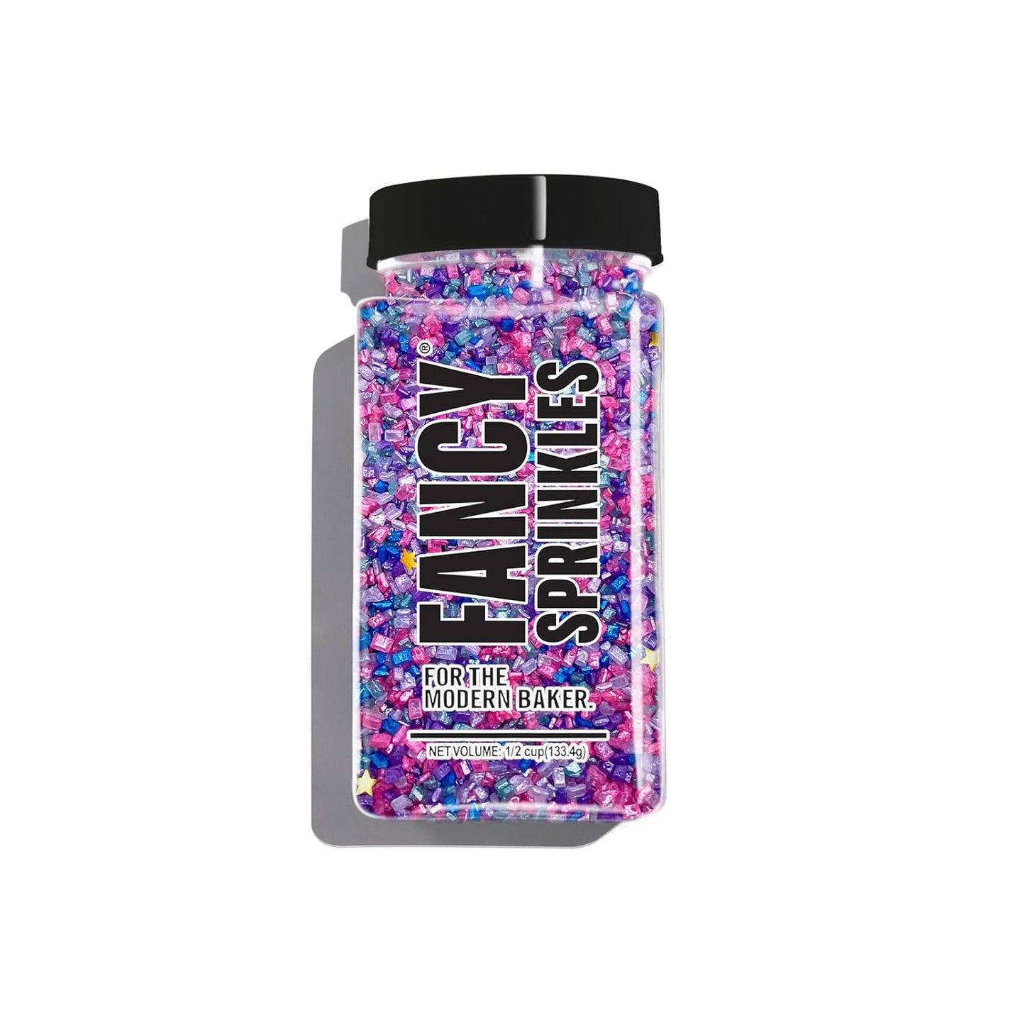 Fancy Sprinkles Chromatica Fancy Sugar Pearlescent Hot Pink, Blue, Purple, White, and Teal Sugar Crystals Flecked with Silver and Gold Mini Edible Glitter Stars (4 OZ)