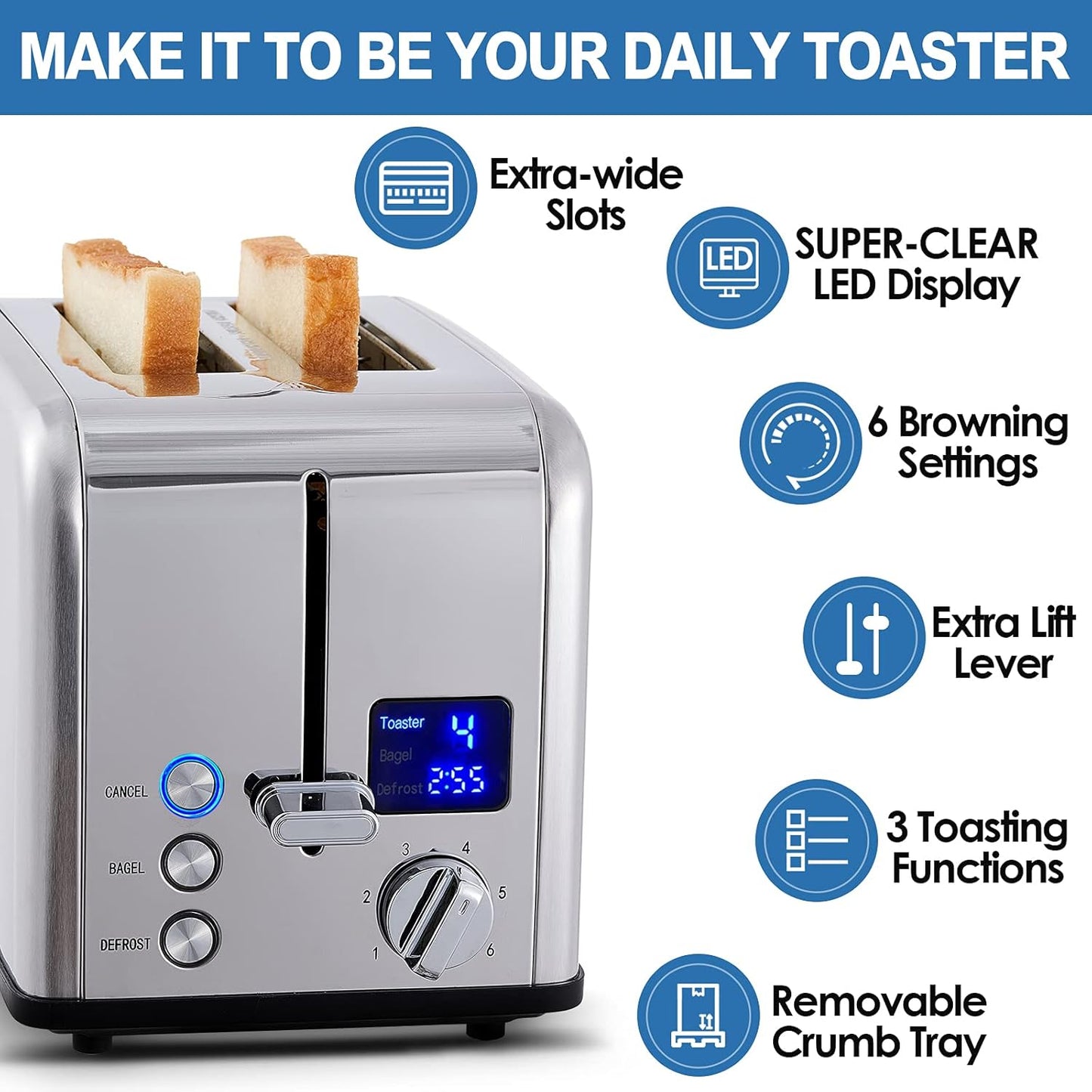 CUSIMAX Stainless Steel 2 Slice Toaster with LED Display, Extra-wide Slots, 6 Browning Settings, Cancel/Bagel/Defrost, Removable Crumb Tray, Silver