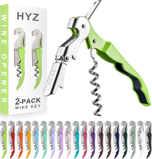 HYZ 2-Pack Wine Opener Waiter Corkscrew, Professional Wine Key for Servers, Bartender with Foil Cutter, Manual Wine Bottle Opener Double Hinged (Cyan)