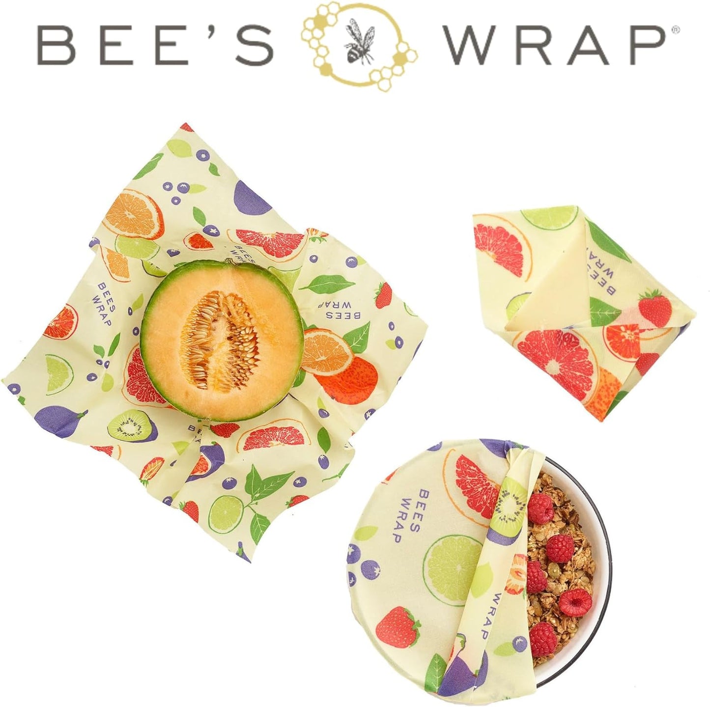 Bee's Wrap Beeswax Wraps for Food - Fresh Fruit 3 Pack (S, M, L) Made in USA Reusable & Organic Food Wraps, Sandwich Wrap & Bowl Covers - Eco-Friendly Alternative to Aluminum Foil & Plastic Wrap