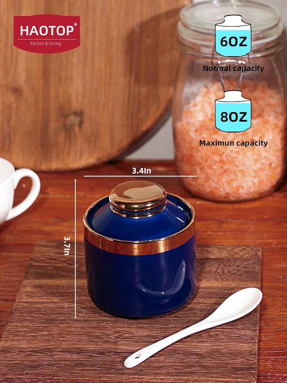 HAOTOP 8 oz Sugar Bowl with Lid and Spoon, Simple Ceramic Sugar Jar Sugar Dispenser Sugar Container Coffee Bar Accessories, Modern Kitchen Countertop Canisters, Navy