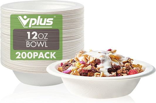 Vplus 200 Pack 12 OZ Paper Bowls, Disposable Compostable Bulk, Eco-friendly Bagasse, Heavy-duty Bowls Perfect for Milk Cereals, Snacks, Salads