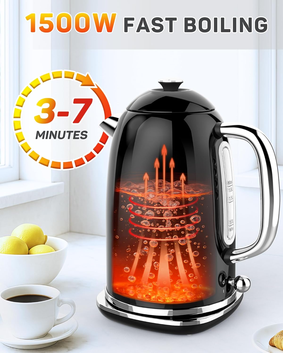 Harriet Electric Kettle, 1.8L Retro Electric Tea Kettle with Thermometer, 1500W Stainless Steel Hot Water Kettle Electric with LED Indicator, Fast Boiling, Cordless, Auto Shut-Off, Black