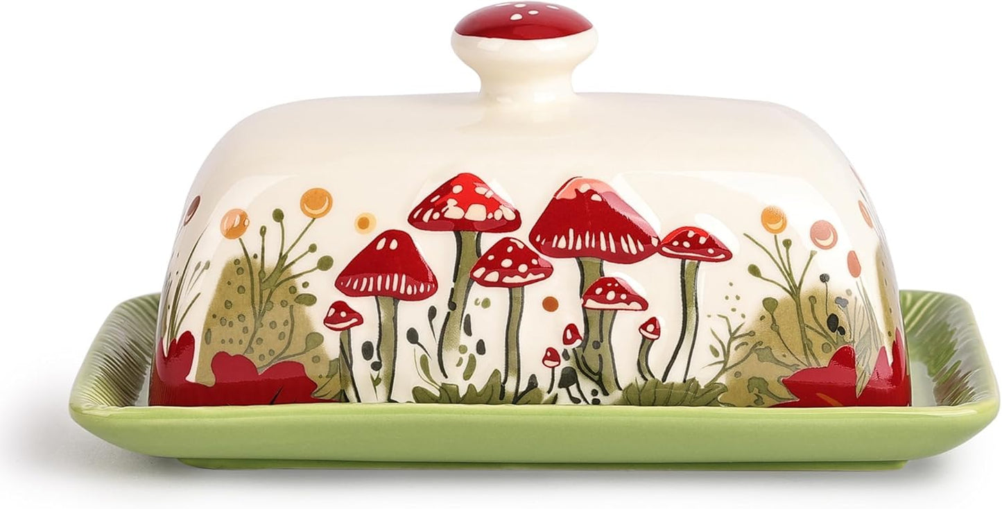 Fungi Fun Mushroom Butter Dish With Lid For Countertop Ceramic Butterdish, Red Mushroom Butter Container, Butter Tray Large Butter Dish Covered (White, Standard)