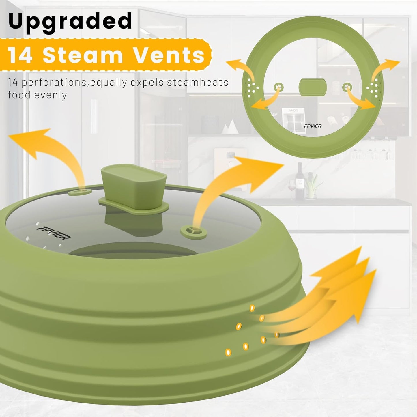 Microwave Splatter Cover, Vented Silicone and Glass Cover Splatter Guard Lid, Food Collapsible Plate Cover Lid with Easy Grip Handle. (Green, 11.8 inch)