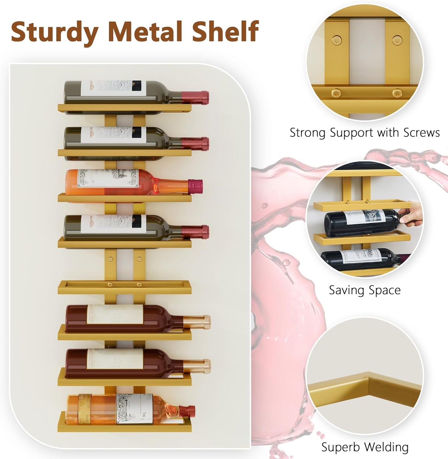 Hoctieon 3-Set 8 Tier Wall Mount Wine Rack (24 Tiers), Wall Racks for Wine Bottles Display and Storage, Hanging Bottle Organizer for Living Room, Dining Room, Wine Cellar, Bar, Gold