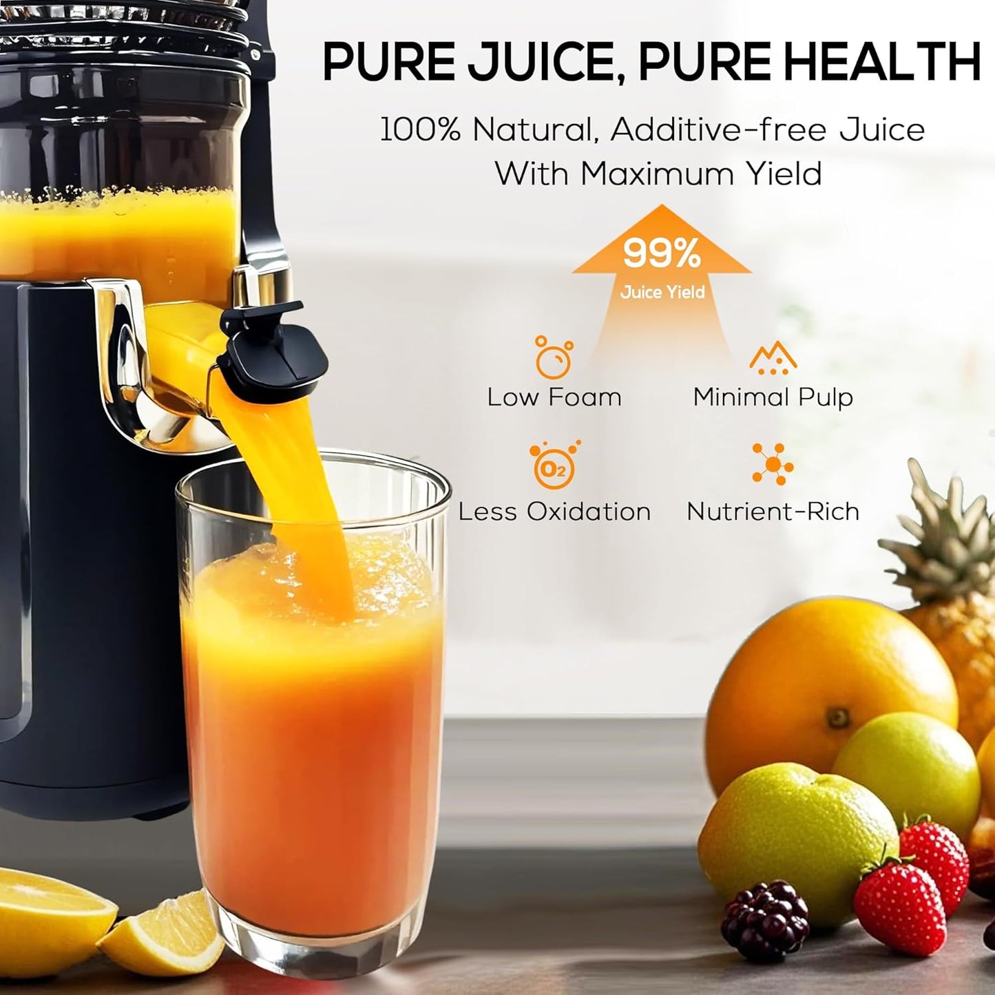 Cold Press Juicer Machines, 5.3” Large Feed Chute Slow Masticating Juicer for Whole Fruits & Vegetables, 300W Quiet Juice Extractor, Easy to Clean, Anti-Clog, No Drip, 99% High Juice Yield