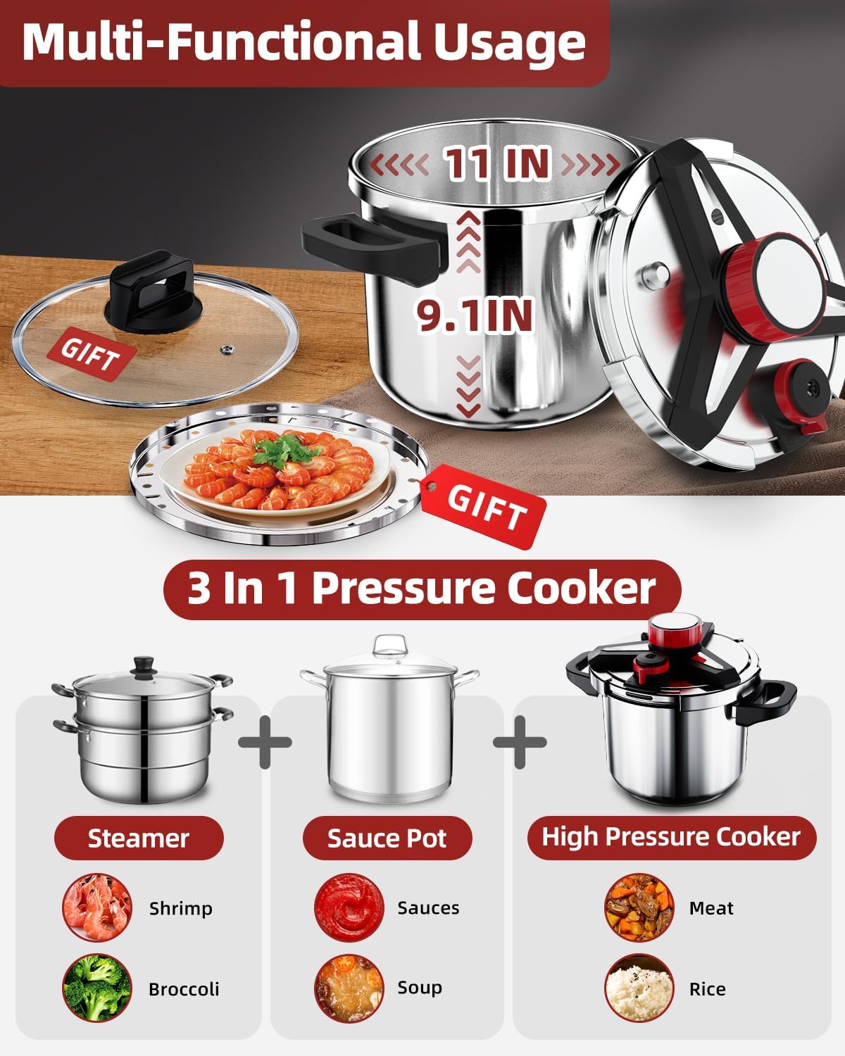 3-In-1 304 Stainless Steel Pressure Cooker 13 Quart: [Explosion-Proof] [3 PSI Settings], One-Hand Locking Pressure Canner, Induction Compatible, Glass Lid & Steamer Rack Included, Olla de Presion