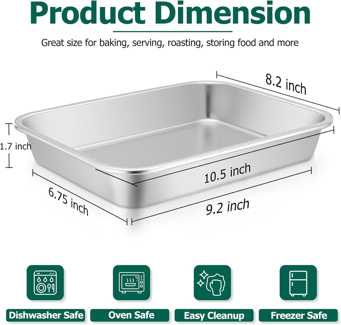TeamFar Lasagna Pan, 10.6 x 8.3 x 1.7inch Stainless Steel Rectangular Cake Brownie Pan Casserole Baking Dish, Compact for Toaster Oven, Non Toxic & Healthy, Brushed Finish & Easy Clean-Dishwasher Safe