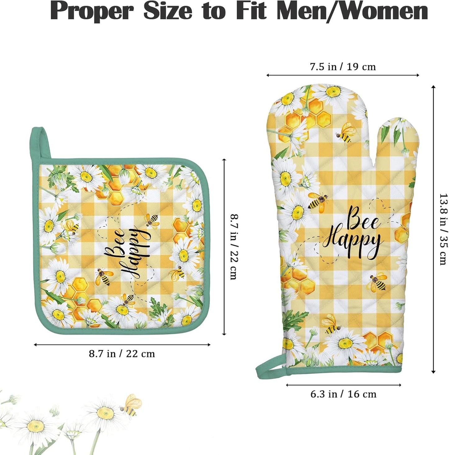 Bee Daisy Oven Mitts and Pot Holders Sets 100% Cotton Heat Resistant, Extra Long Oven Gloves Potholder for Kitchen Cooking Baking Housewarming