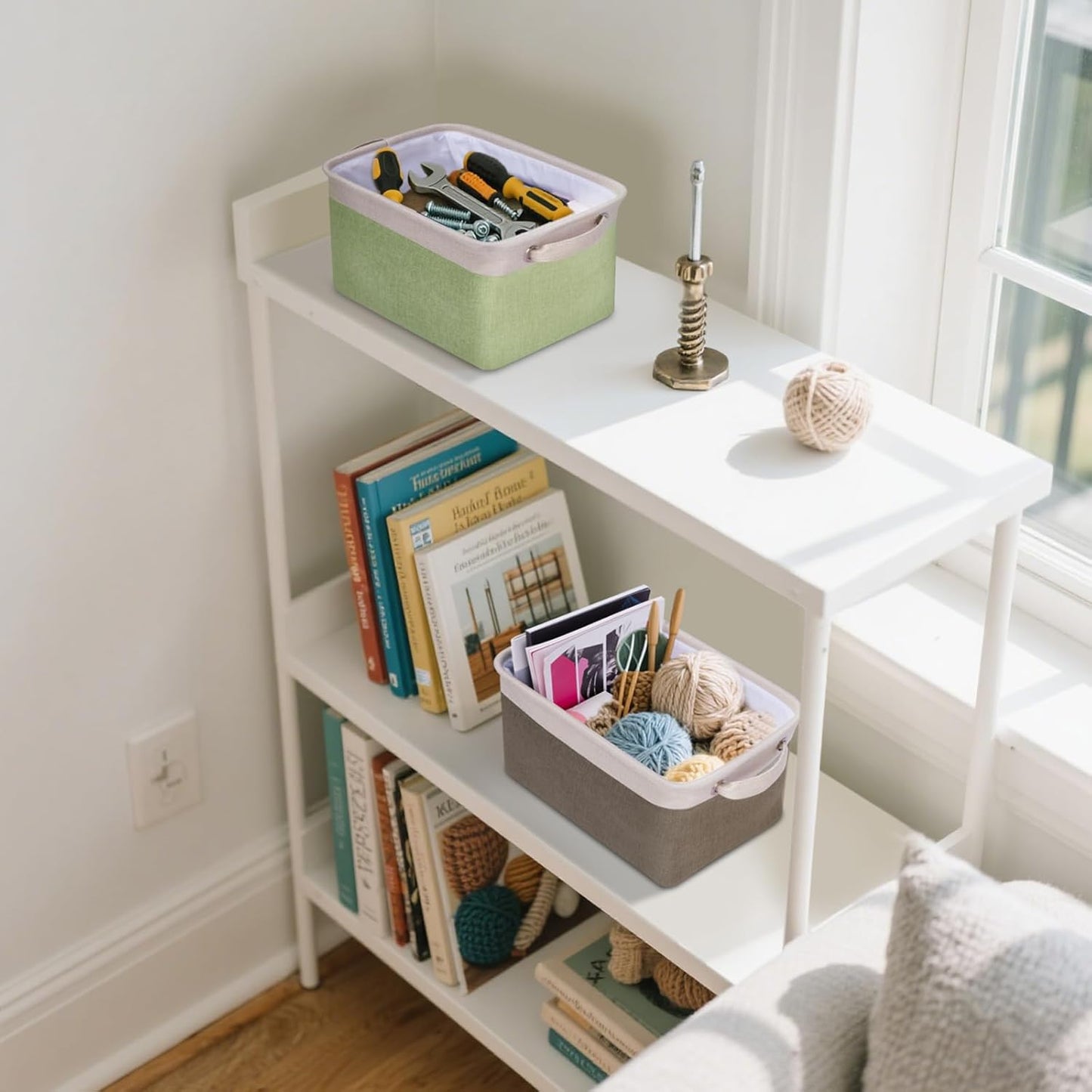 BALEINE 2 Pack Fabric Storage Bins for Shelves, Linen Storage Baskets for Organizing, Decorative Closet Bins for Clothes, Home (Grey, 12"x8"x8")