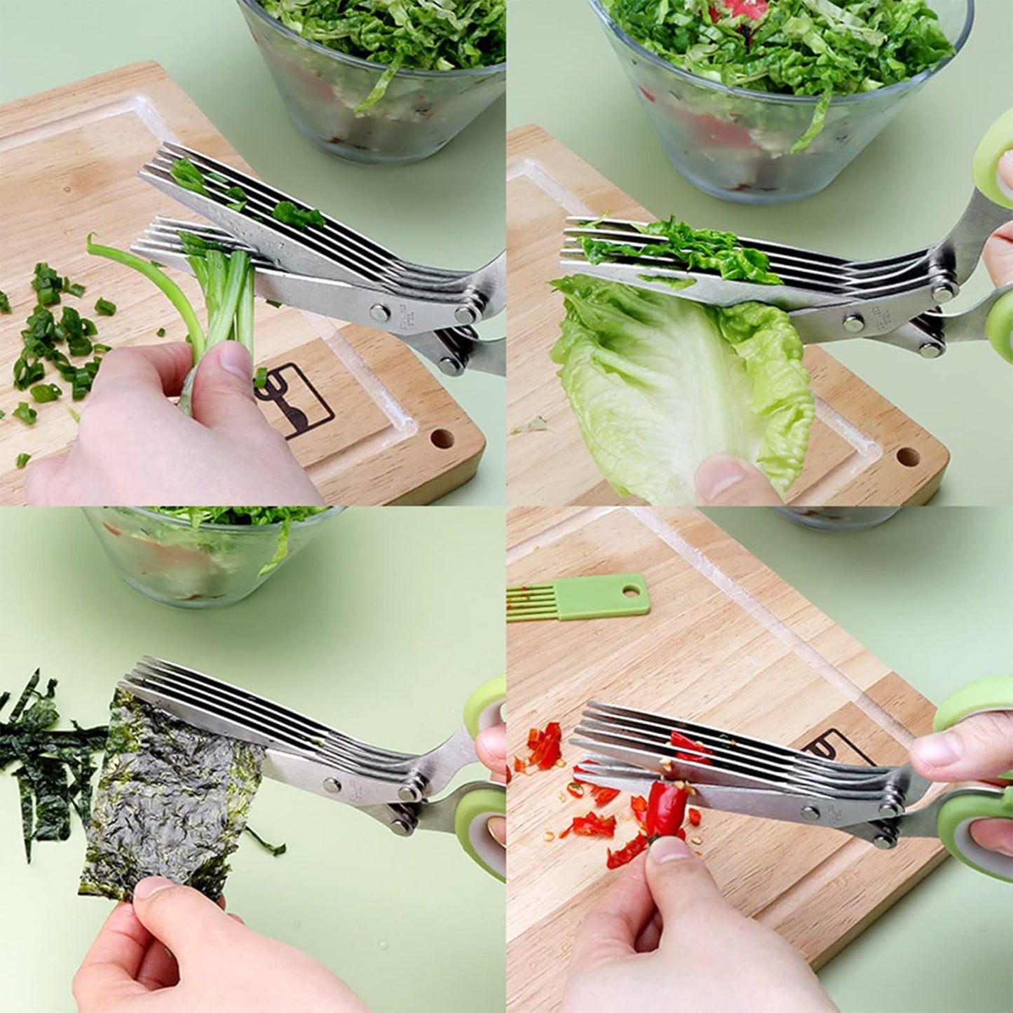 Gourmet Herb Scissors Set Multipurpose Cutting Shears with Stainless Steel 5 Blades, Herb Stripper, Safety Cover Cleaning Comb for Cutting Cilantro Onion Salad (Green)