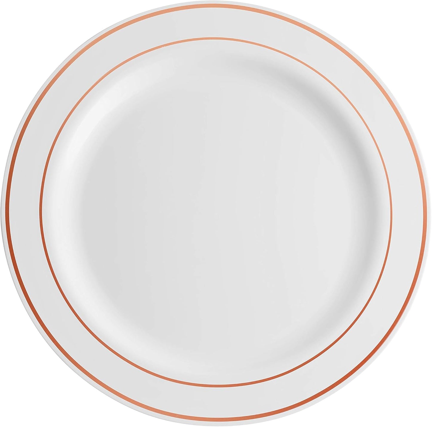 Munfix 100 Rose Gold Rim Plastic Plates Set, 50 Pcs 10 Inch Dinner and 50 Pcs 7 Inch Plastic Dessert Plates, Elegant Fancy Heavy Duty Disposable Plates for Party, Wedding, White Rose Gold Rim