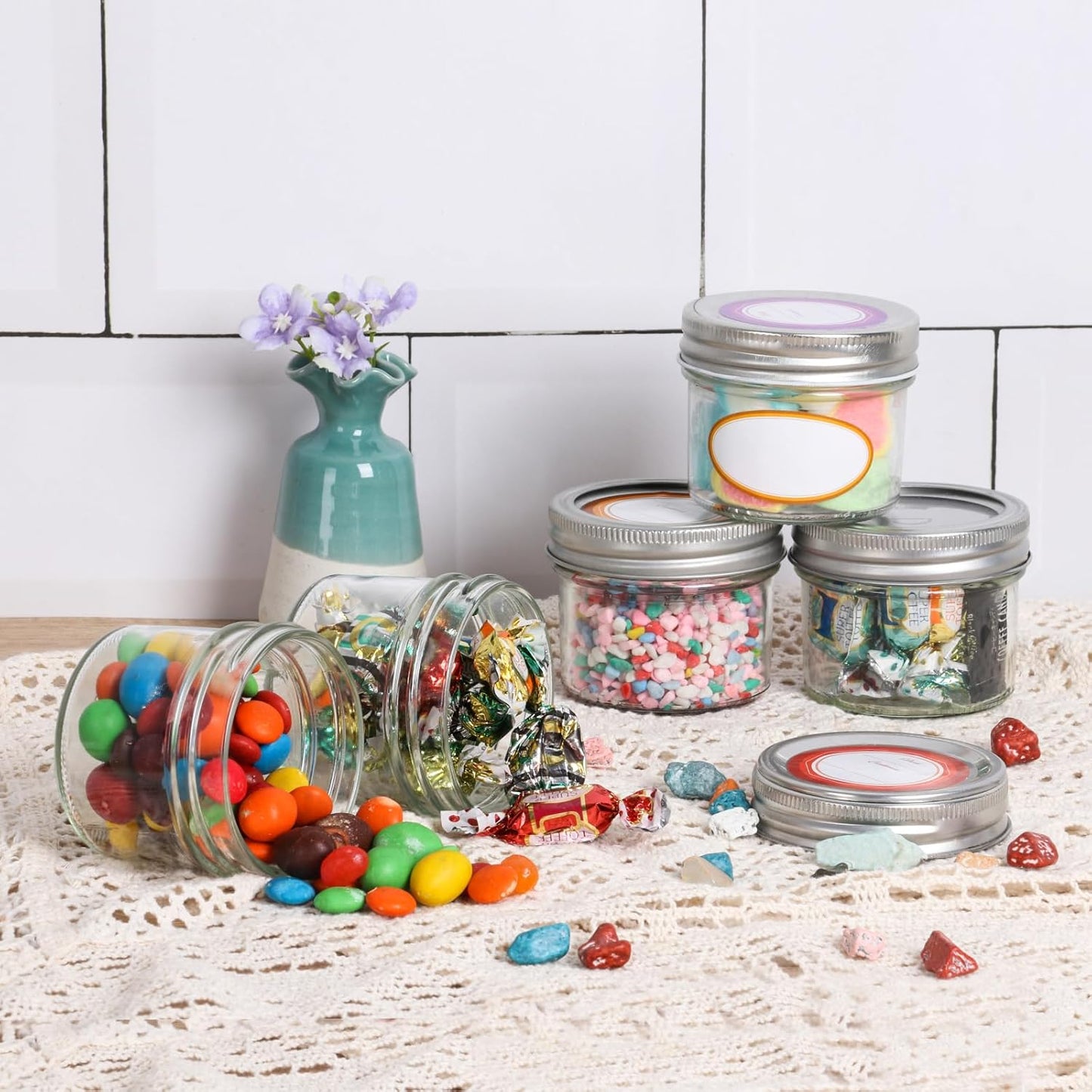 4 oz Small Mason Jars, 16 Pack Mini Canning Jars with 2 Types of Lids, 16 Split-Type and 16 One-Piece Lids for Dessert, DIY